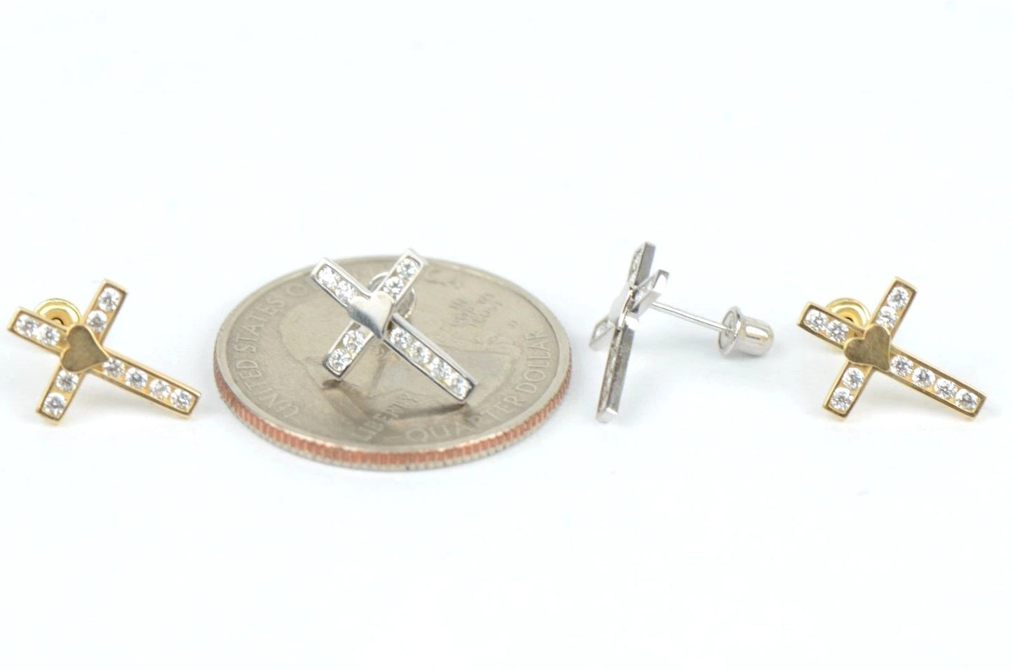 14K Yellow or White Gold Heart CZ Cross Earrings