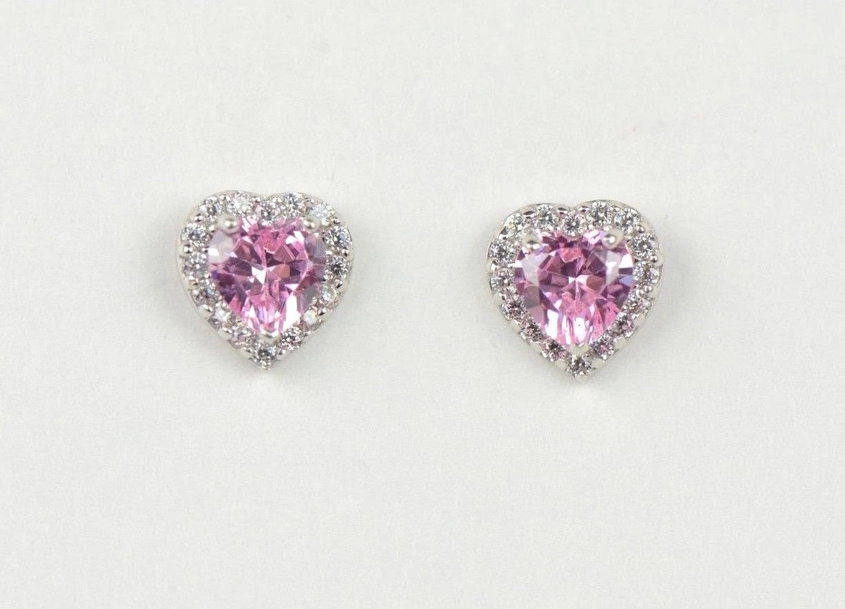 14k Solid White Gold Halo Heart Stud Earrings