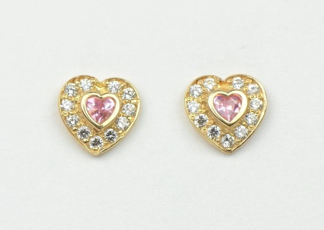 14K Yellow Gold Birthstone Heart with CZ Stud Earrings Screw Back