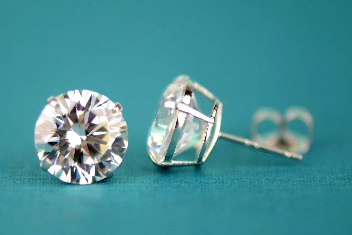14k Heavy Basket White Gold Round AAA Quality CZ Stud with push back