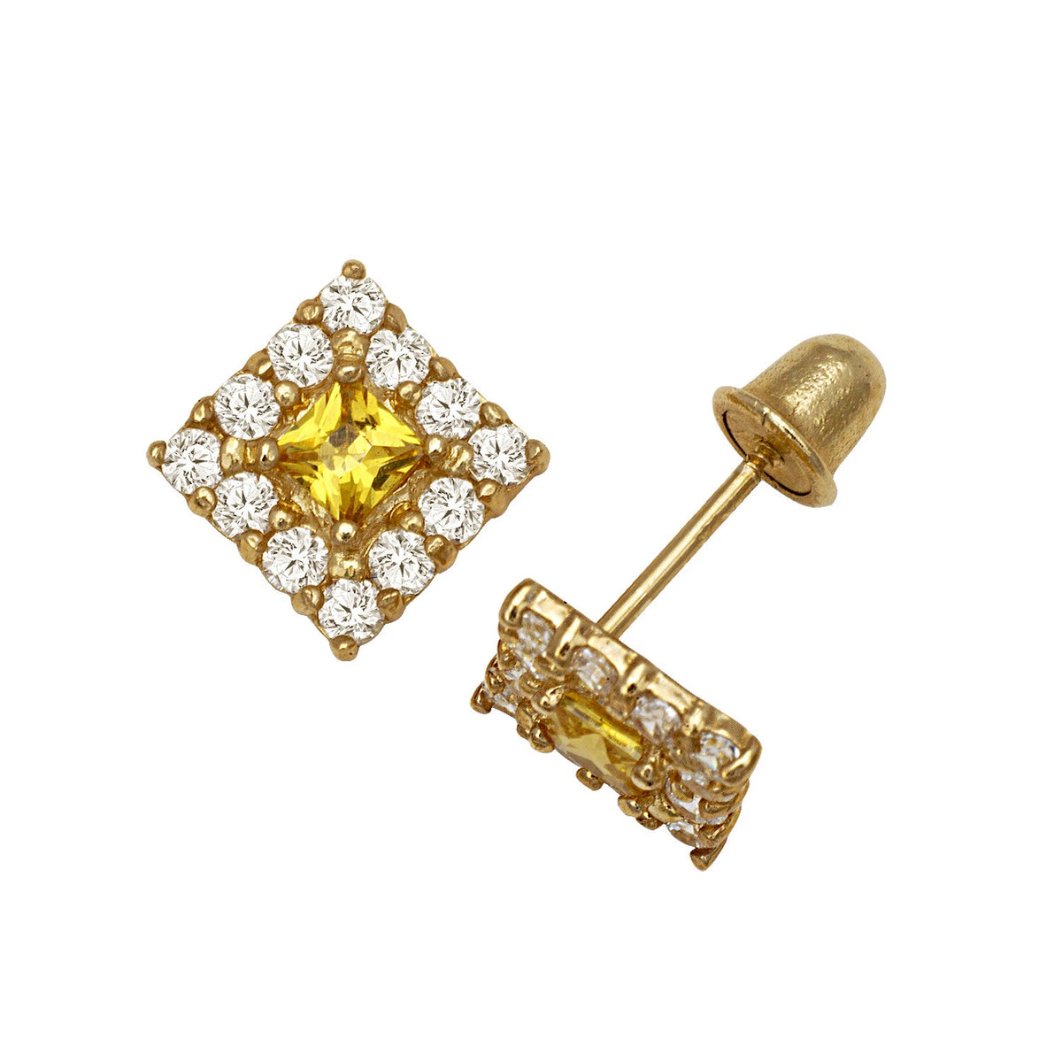 14k Yellow & White Gold CZ Birthstone Stud Screw Back Earrings for Women
