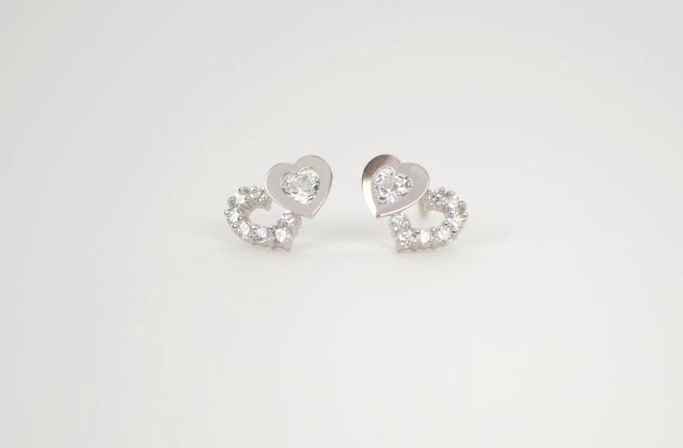 14K White Gold Double Heart Earrings
