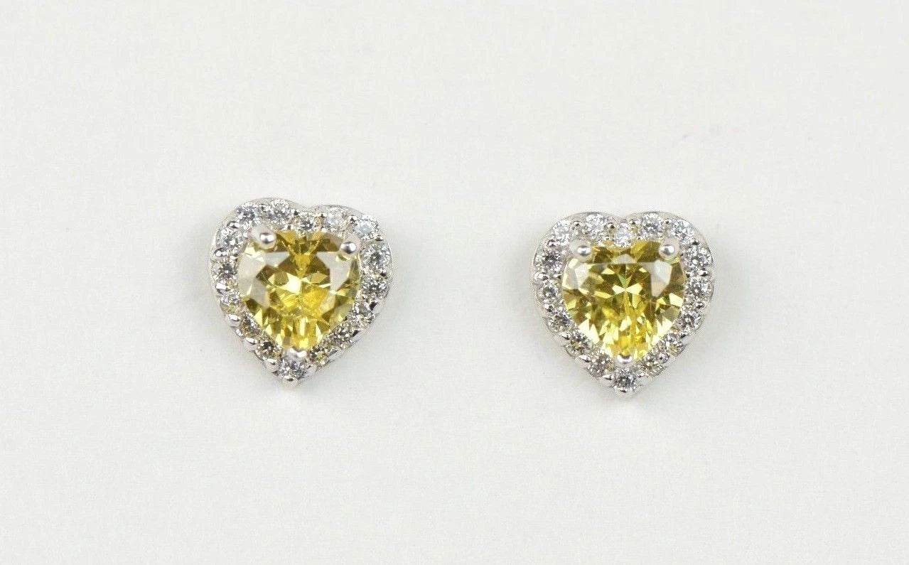 14k Solid White Gold Halo Heart Stud Earrings
