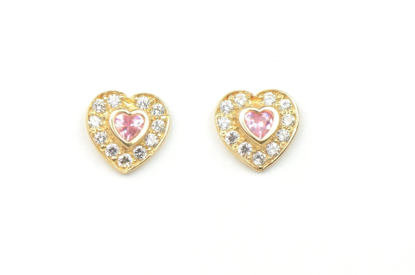 14K Yellow Gold Birthstone Heart with CZ Stud Earrings Screw Back