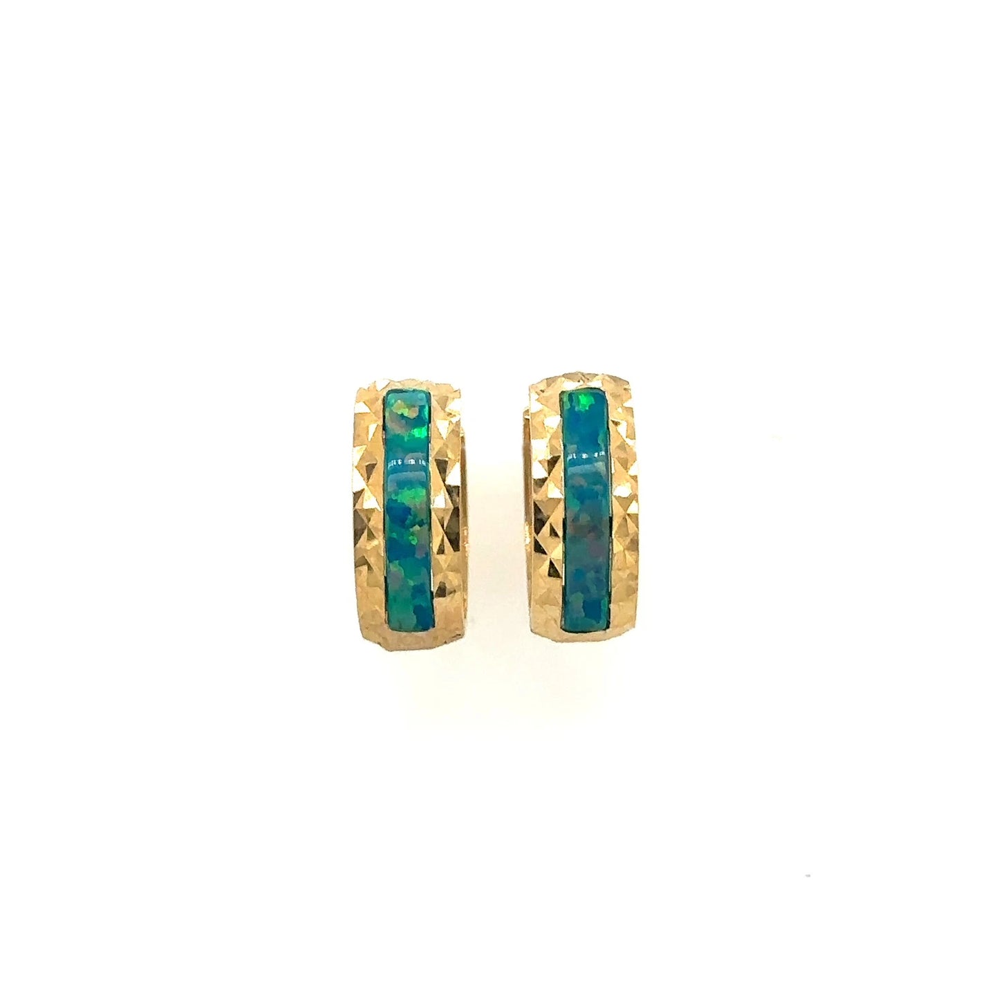 14k Yellow Gold Dark Green Opal Huggie Hoop Earrings