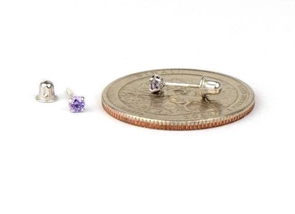 14K Solid White Gold 2.5mm Round Birthstone Stud Earrings with Screw Back