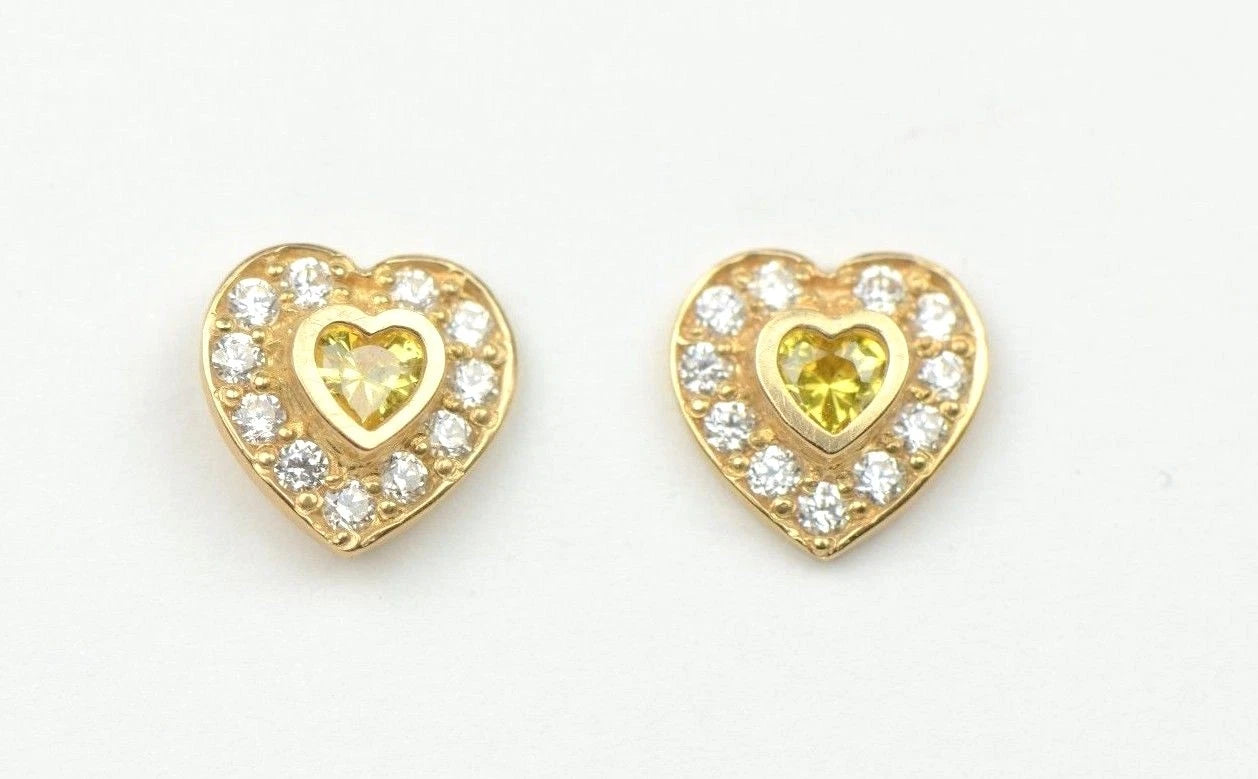 14K Yellow Gold Birthstone Heart with CZ Stud Earrings Screw Back