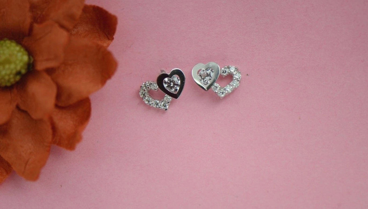 14K White Gold Double Heart Earrings
