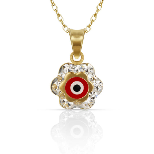 14k Yellow or White Gold CZ Flower Evil Eye Pendants