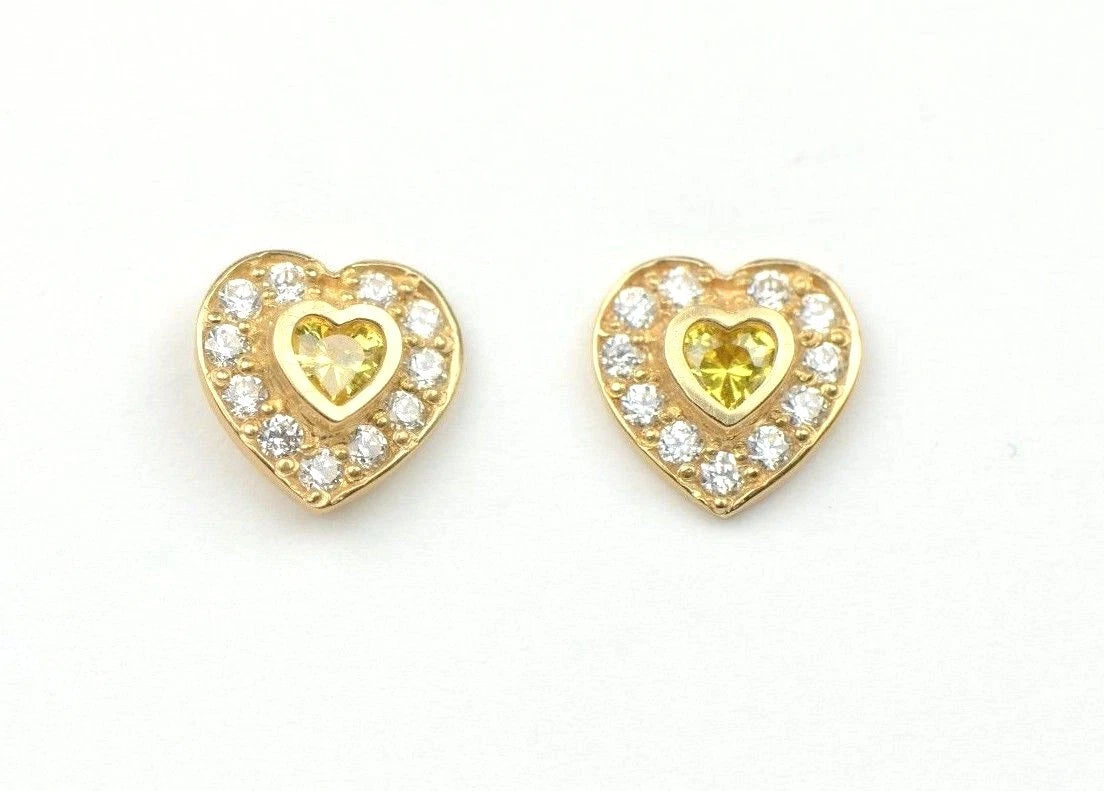 14K Yellow Gold Birthstone Heart with CZ Stud Earrings Screw Back