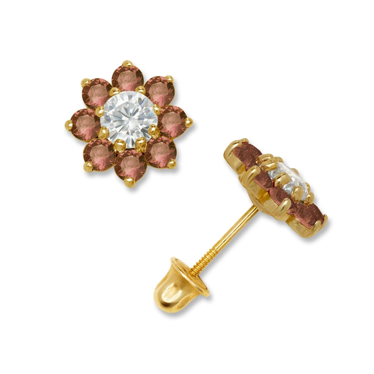14K Yellow & White Gold Large Beautiful CZ Flower Stud Earrings for Women