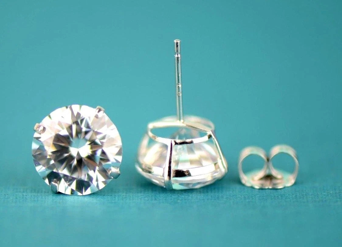 14k Heavy Basket White Gold Round AAA Quality CZ Stud with push back