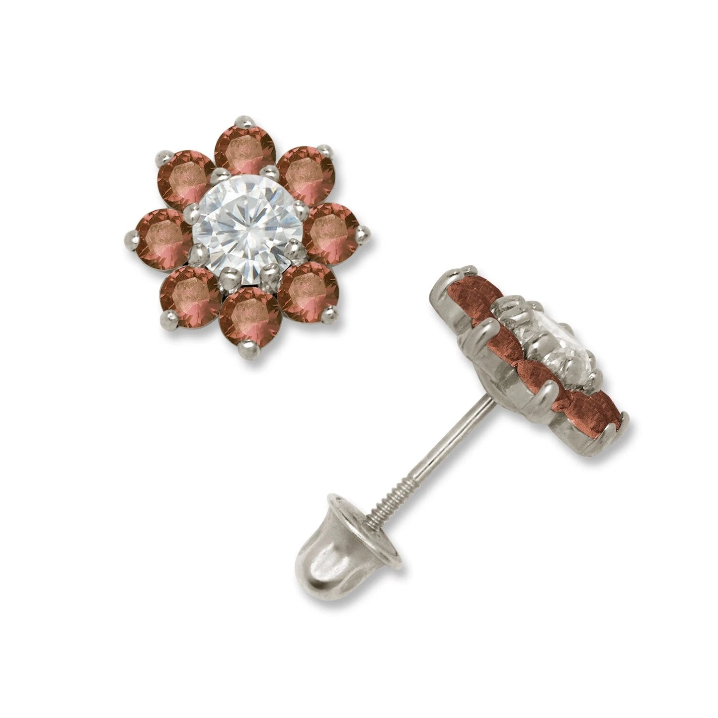 14K Yellow & White Gold Large Beautiful CZ Flower Stud Earrings for Women