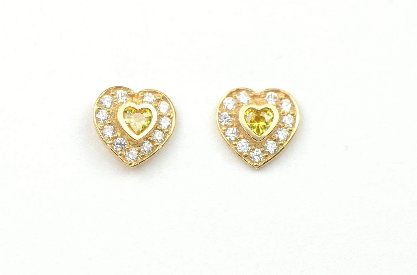14K Yellow Gold Birthstone Heart with CZ Stud Earrings Screw Back