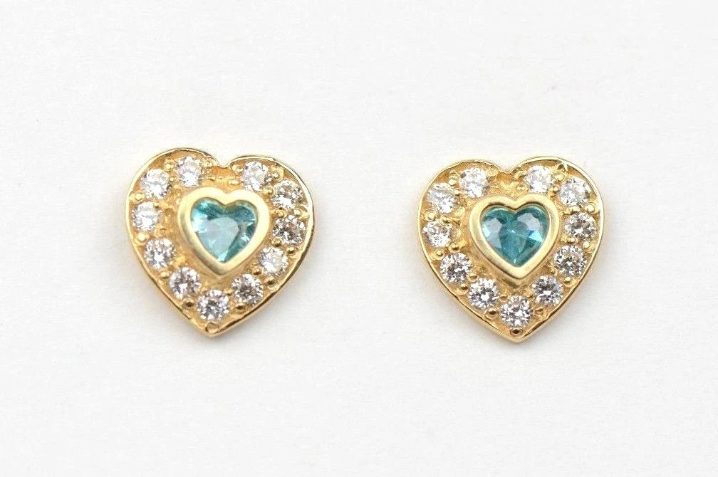14K Yellow Gold Birthstone Heart with CZ Stud Earrings Screw Back