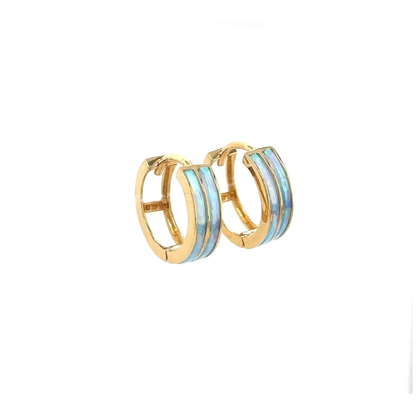 14k Yellow Gold Double Row Light Blue Opal Huggie Hoop Earrings