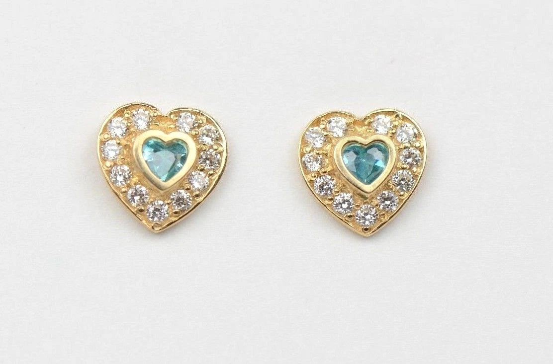 14K Yellow Gold Birthstone Heart with CZ Stud Earrings Screw Back