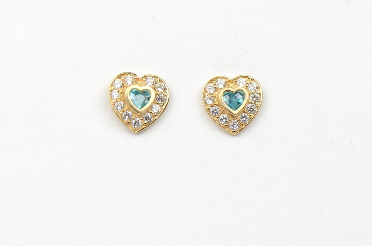 14K Yellow Gold Birthstone Heart with CZ Stud Earrings Screw Back