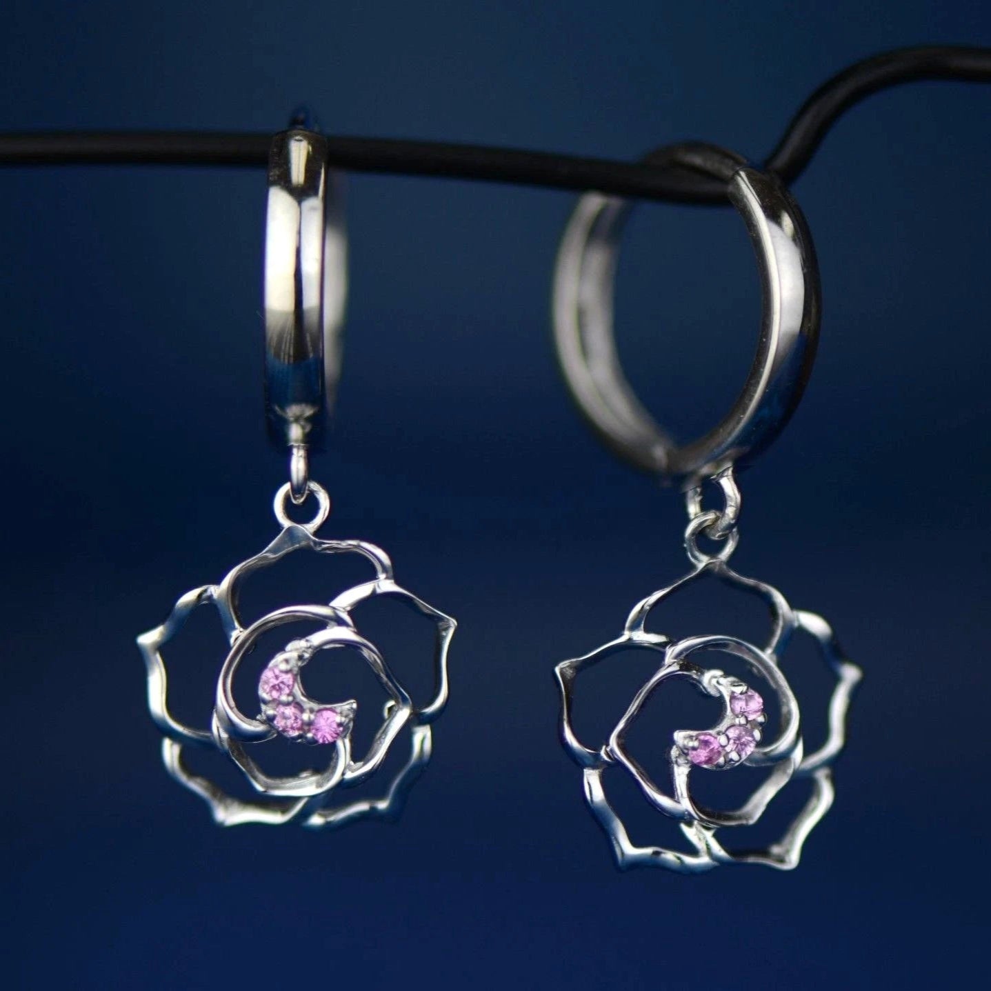 14k Yellow / White Gold Dangle CZ Flower Huggie 3 Stones Earrings