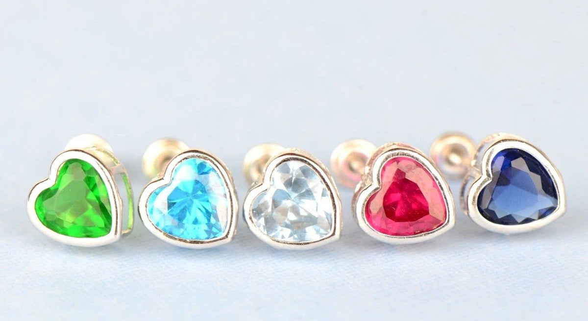 14k Solid White Gold Heart Birthstone Stud Earrings 6mm X 6mm