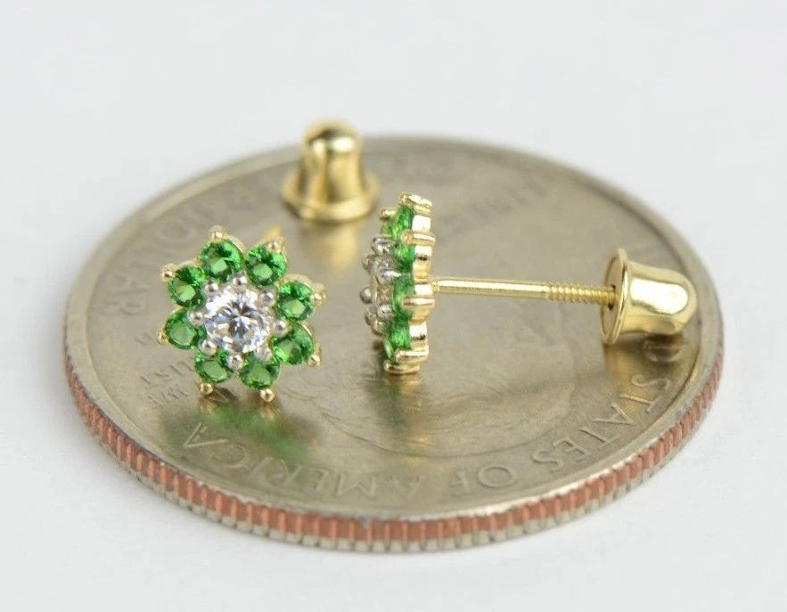 14k Yellow Gold Flower Stud Earrings with  Birthstone Screw Back