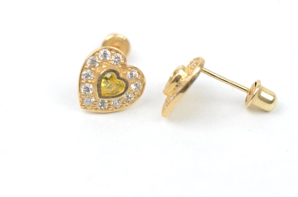 14K Yellow Gold Birthstone Heart with CZ Stud Earrings Screw Back