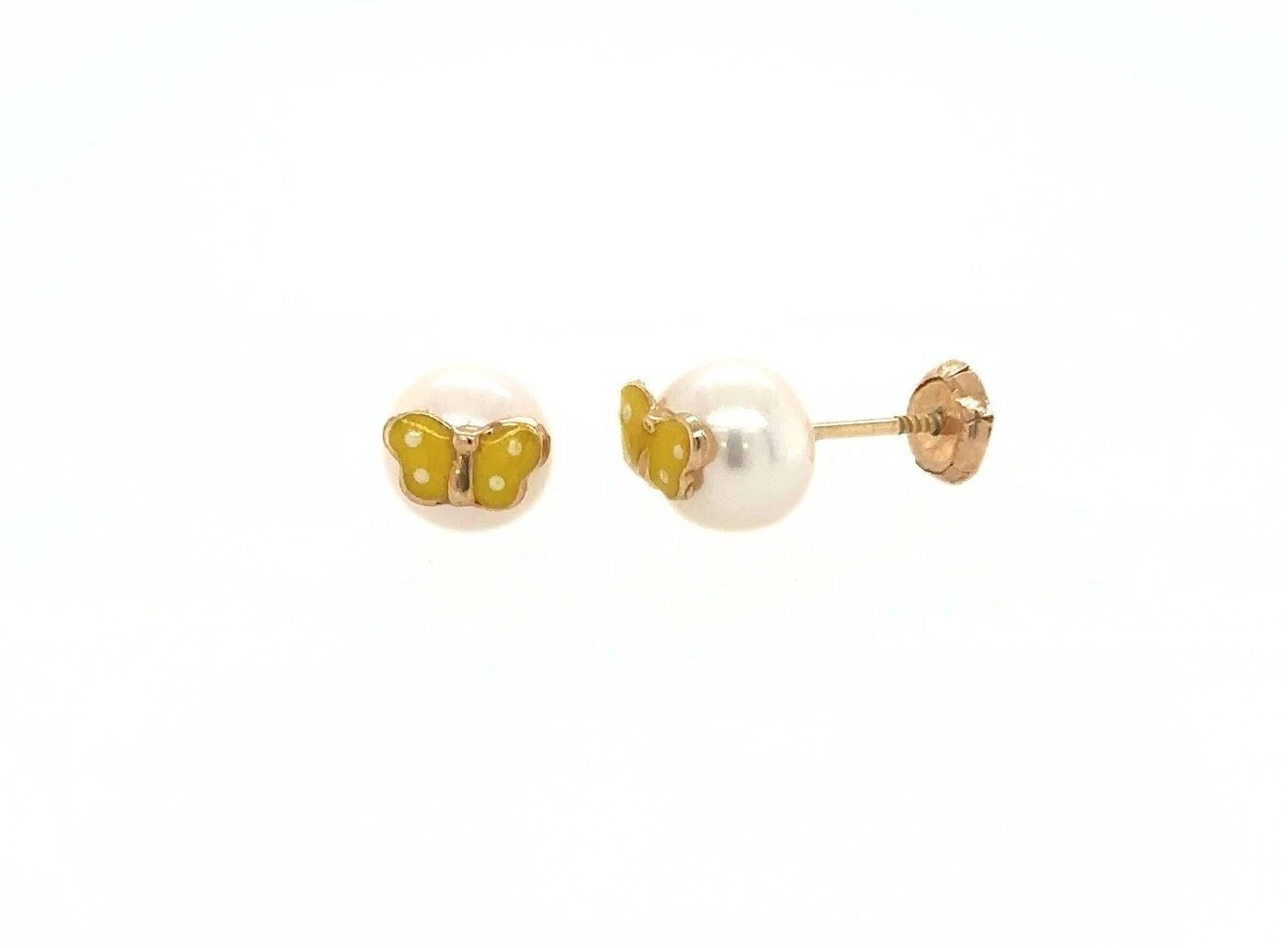 14k Yellow Gold Enamel Butterfly With Genuine Pearl Screw Back Stud Earrings