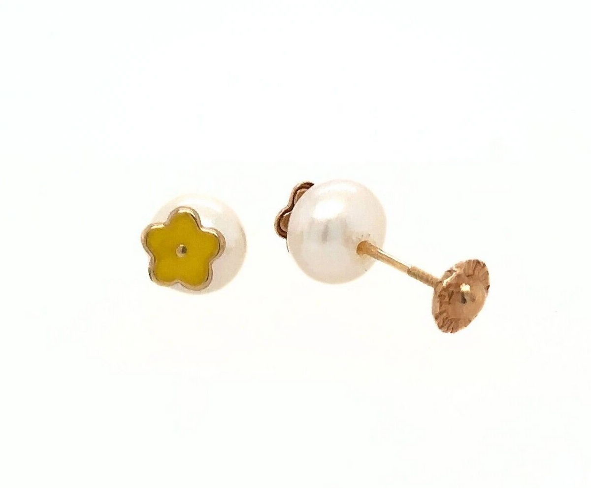 14k Yellow Gold Enamel Flower With Genuine Pearl Screw Back Stud Earrings