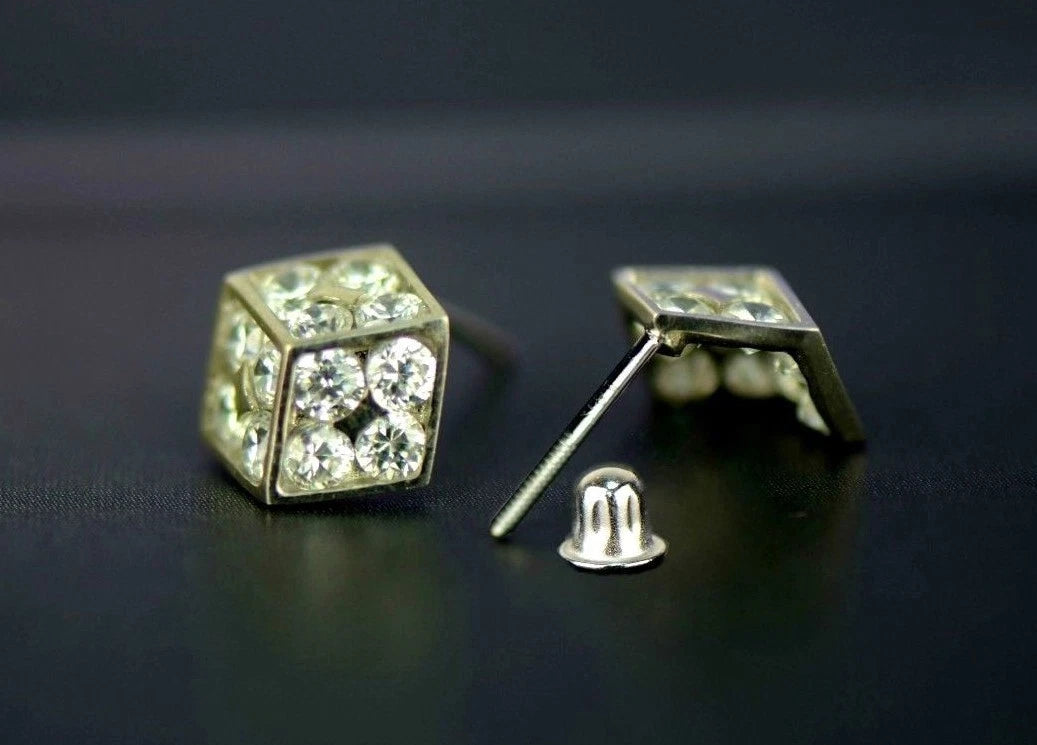 14K Yellow or White Gold Dice Stud Earrings Screw Back