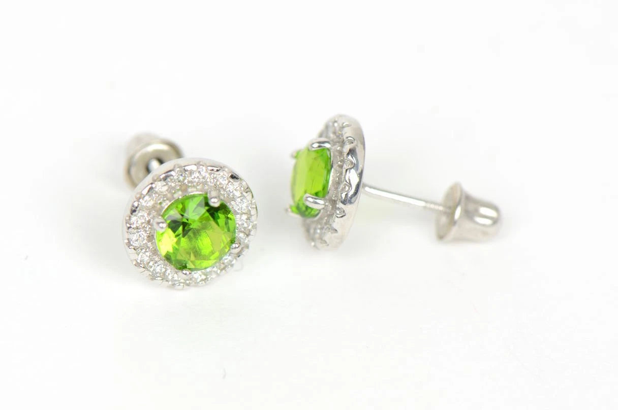 14K Solid White Gold Halo Stud CZ Screw Back Earrings