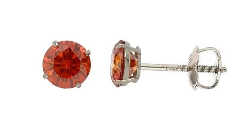 14K Gold GRA Certified D-VVS1 Round Moissanite Orange Screw Back Studs Earrings