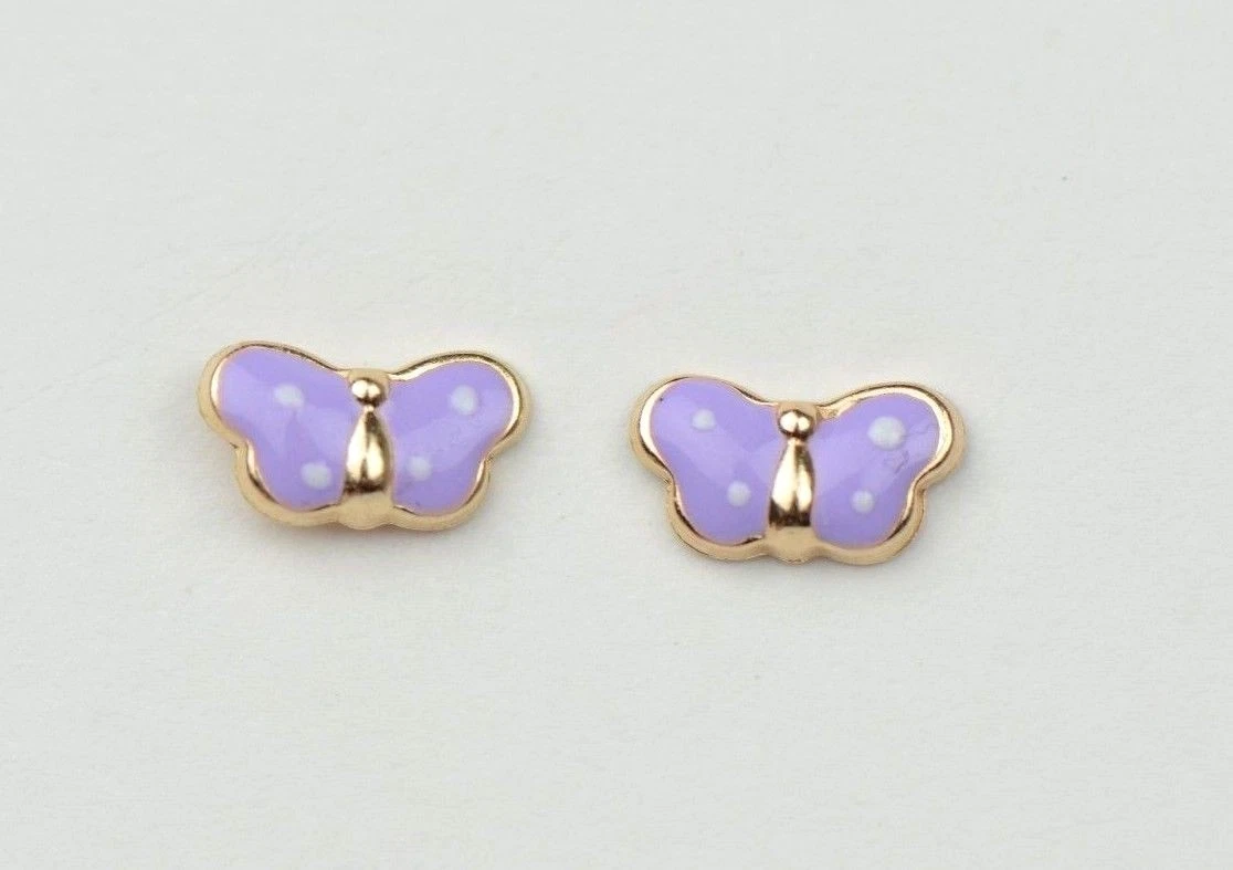 Gold 14k Yellow Enamel Butterfly Baby Earrings with Screw Back