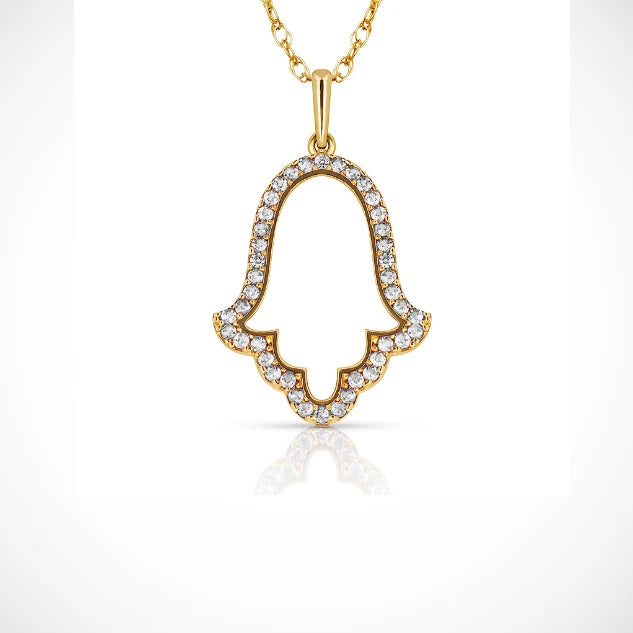 Hamsa Hand Evil Eye Charm Pendant For Women Simulated CZ Crystal 14k Yellow Gold