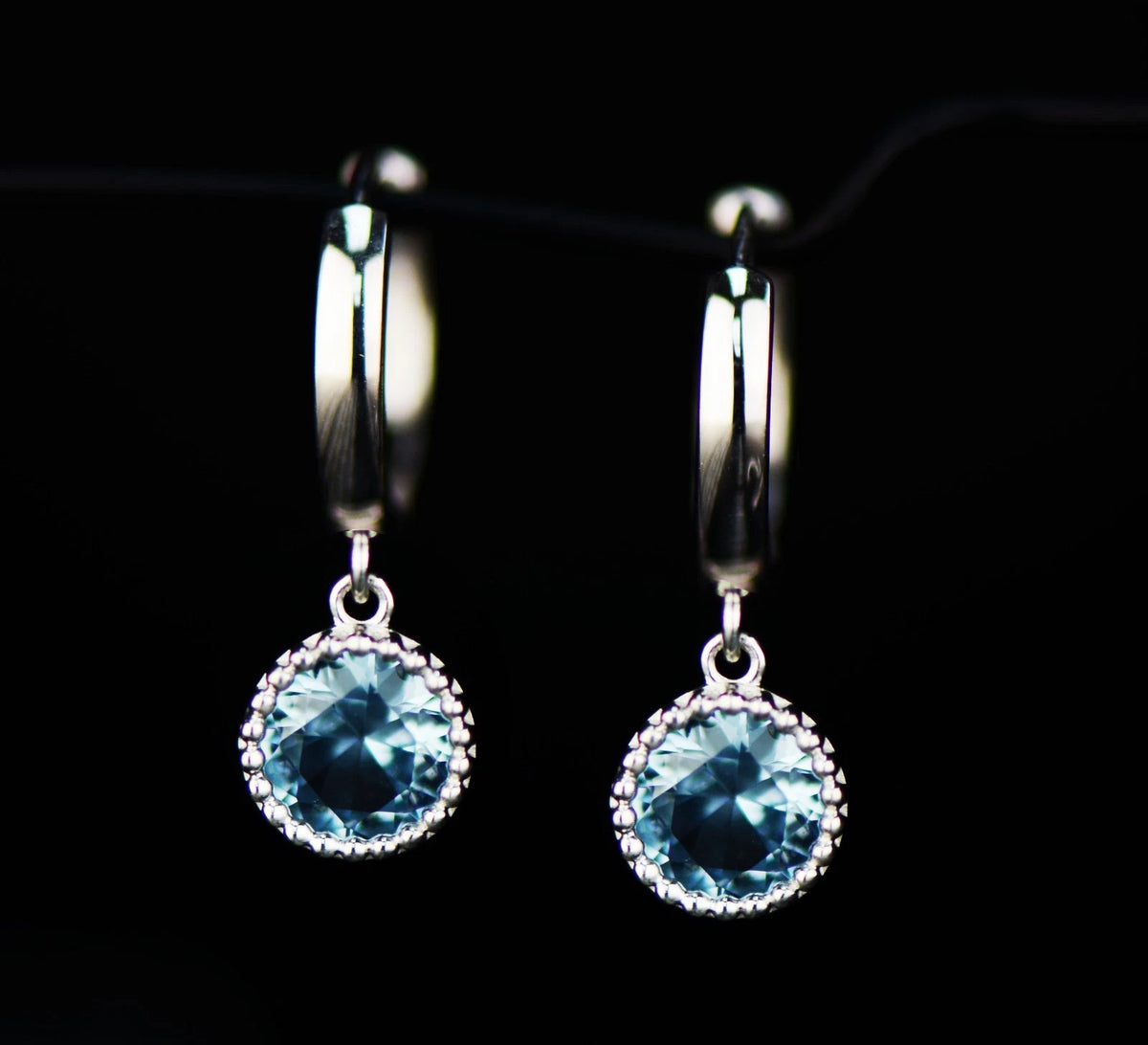 14k White Gold Dangle Round Birthstone Huggie Earrings