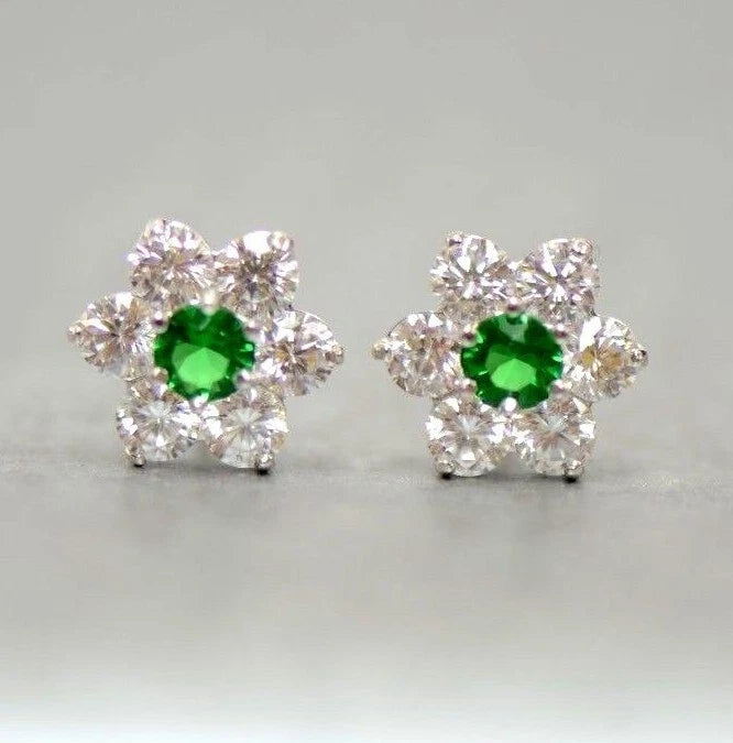 14k White Gold Flower Stud CZ Earrings screw back