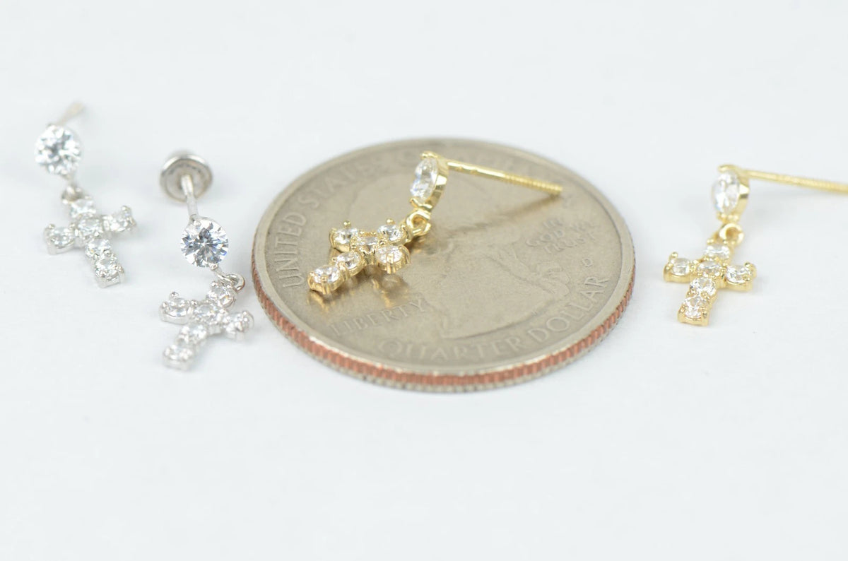 14K Cubic Zirconia CZ Cross Dangle Earrings
