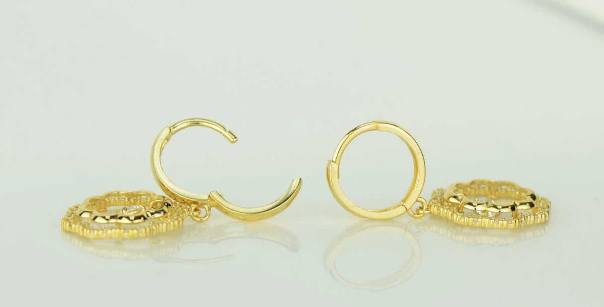 14k Yellow / White Gold Dangle CZ Flower Huggie Earrings