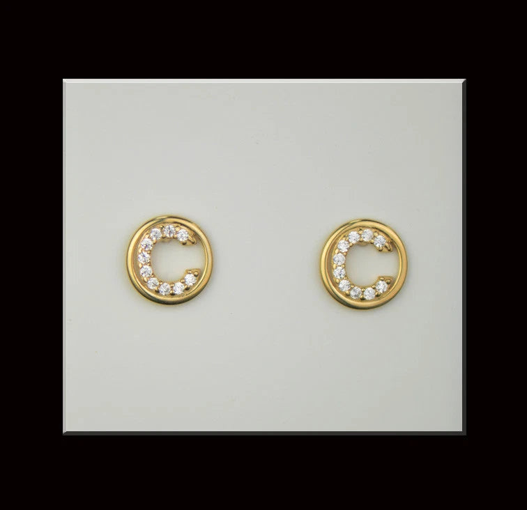 14k Yellow or White Gold Round Initial Letters CZ Stud Earrings