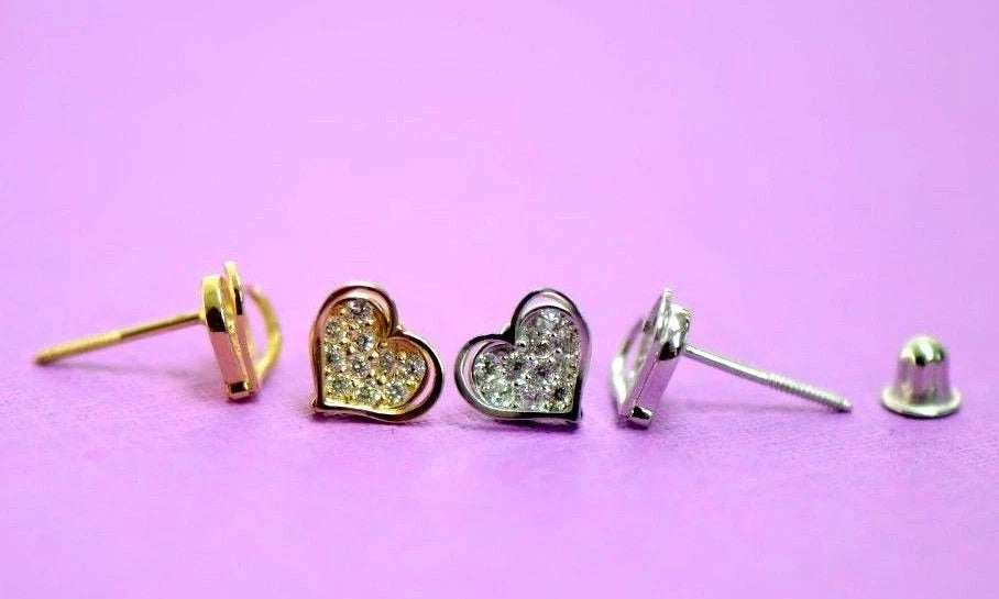 14K White Yellow Gold Heart Shape CZ Stud Earrings