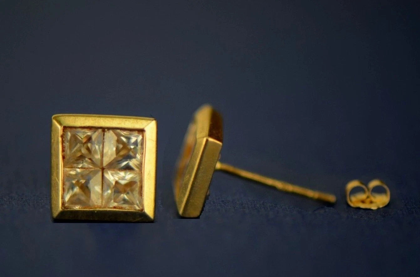 14K Yellow or White Gold Fancy Square CZ Stud Earring
