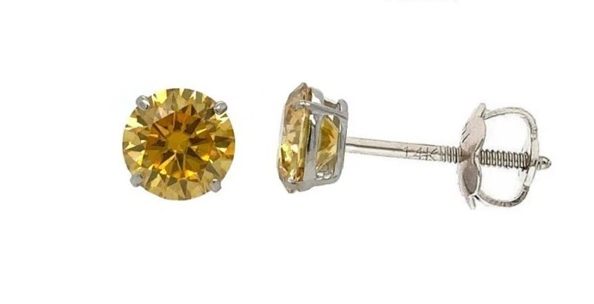 14K Gold Certified GRA D-VVS1 Round Yellow Moissanite Screw Back Studs Earrings