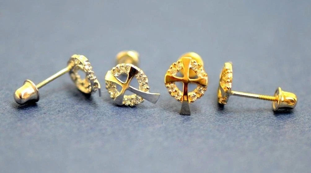 14K White or Yellow Gold Cross CZ Stud Earrings