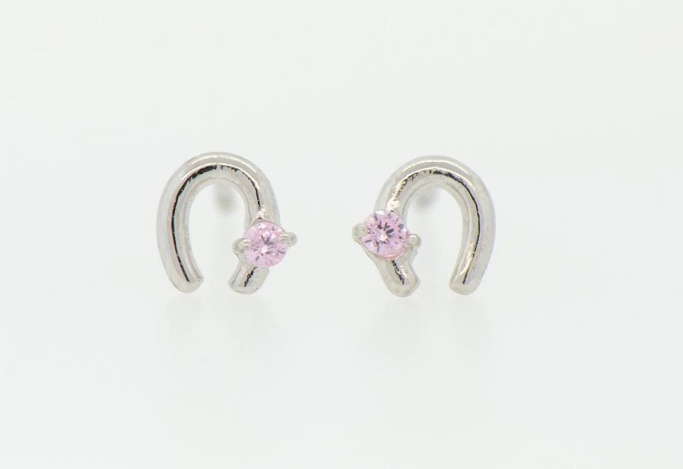 14k Solid Yellow or White Gold Horse Shoe Screw Back Stud Earrings with CZ