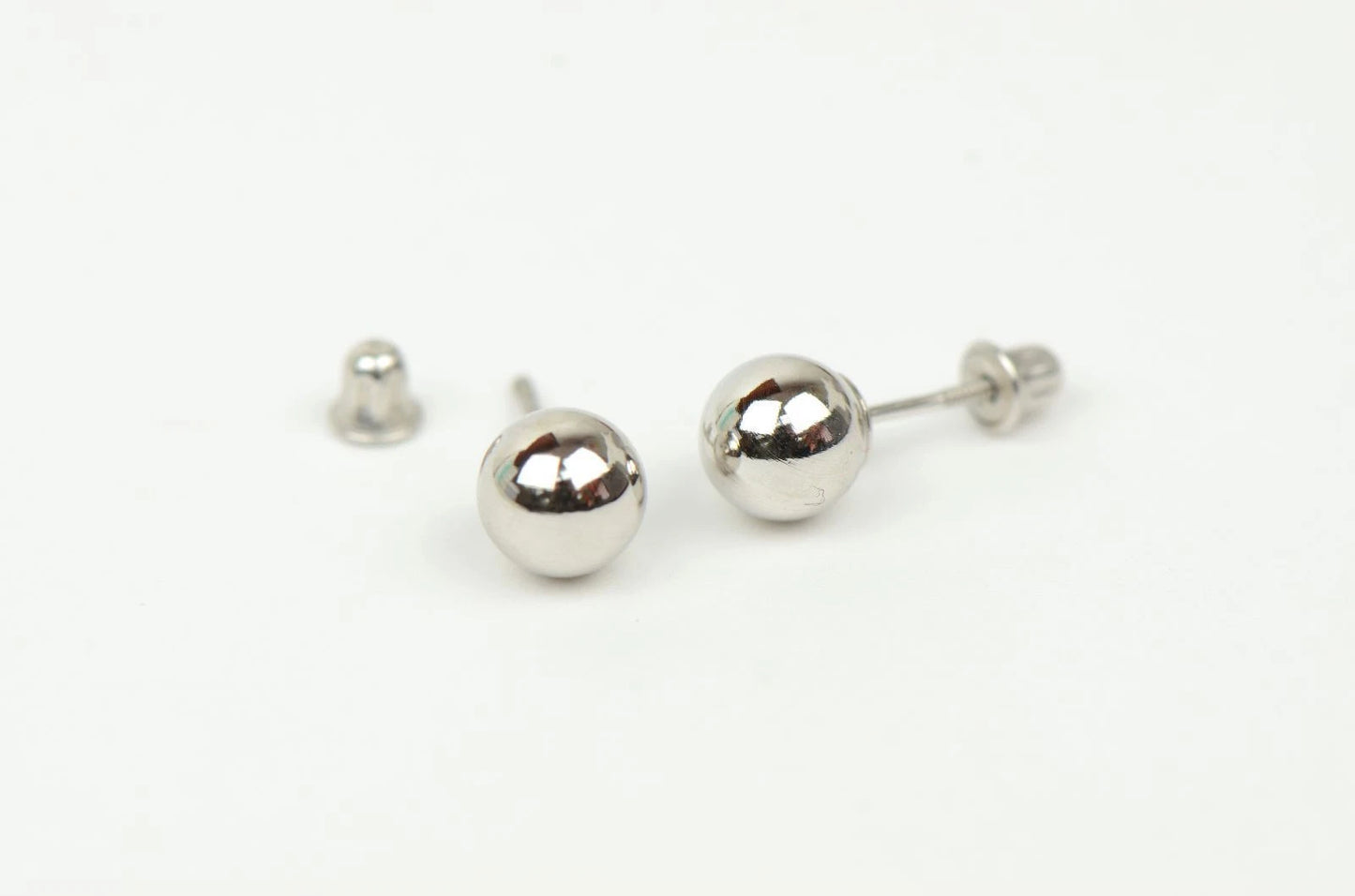 14k White Gold Ball stud earrings with screw back round High Polish