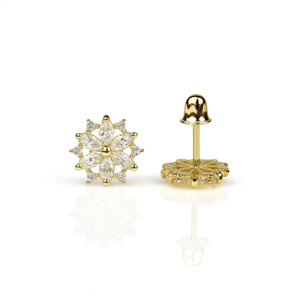 14K Yellow Gold Beautiful CZ Flower Stud Earrings for Women