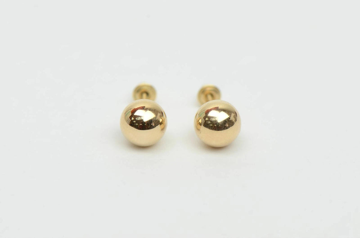 14k Solid Yellow Gold Ball stud earrings with screw back round High Polish