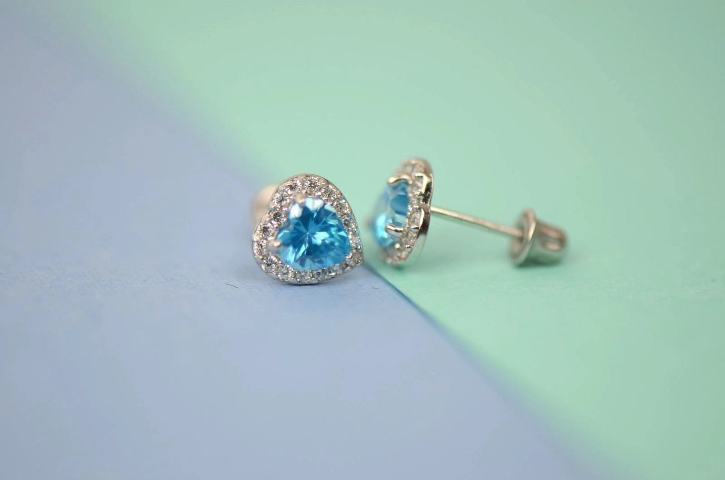 14K White Gold Halo Heart CZ Stud Earrings Screw Back