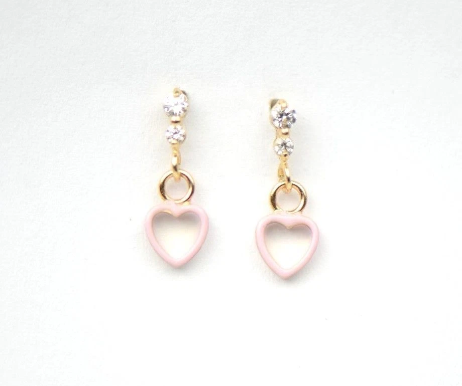 14K Solid Yellow Gold Heart Shape Dangle Earring with Enamel