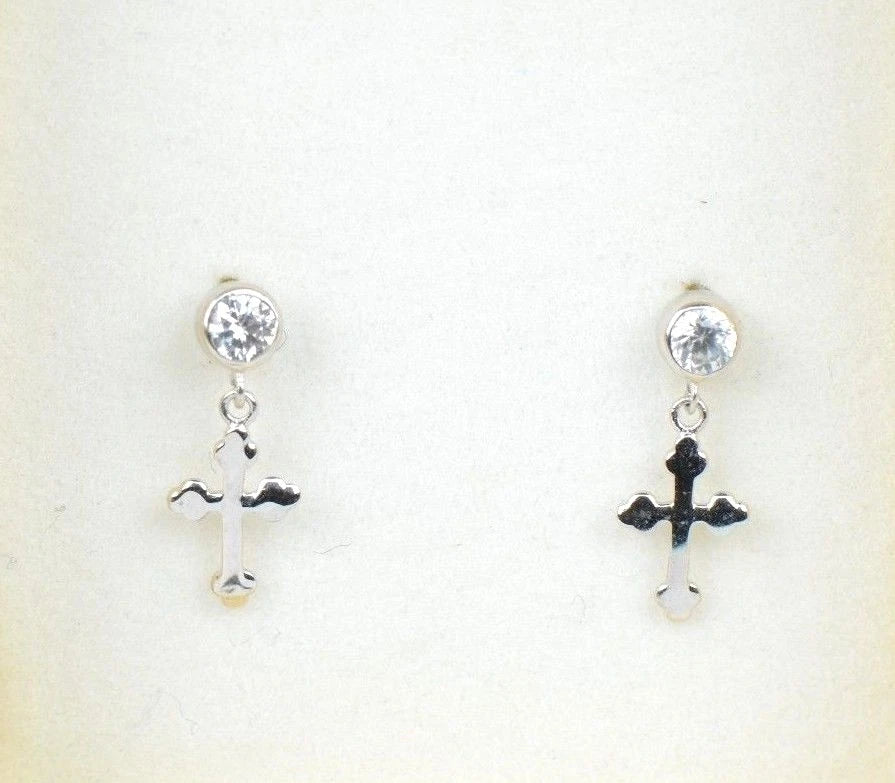 14K Yellow White Gold Cubic Zirconia CZ Cross Dangle Earrings