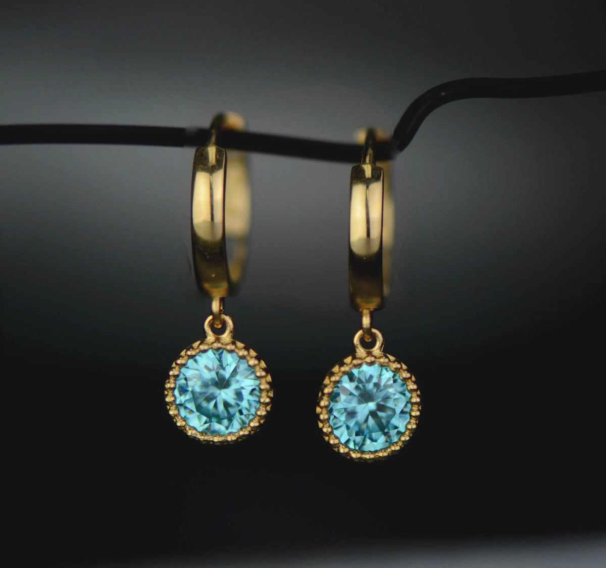14k Yellow Gold Dangle Round Birthstone Huggie Earrings